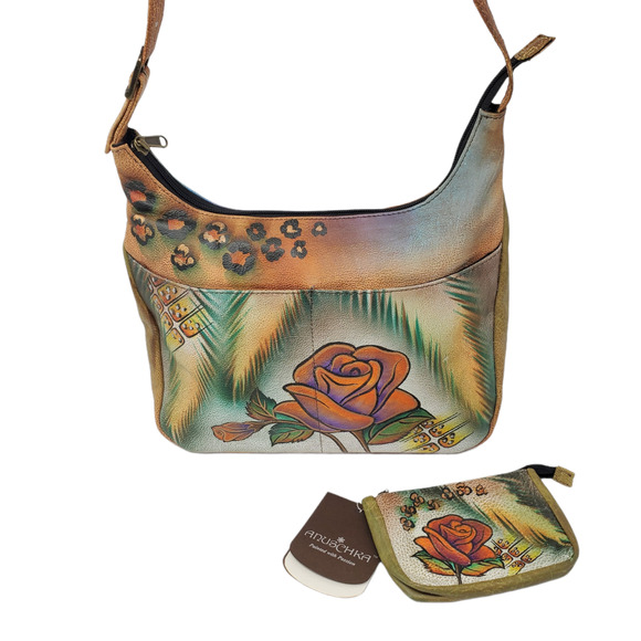 Anuschka Leather Handpainted Floral Zip Top Shoulder Bag Handbag Zip Key Holder